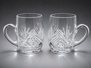 Pair Vintage Hand Cut Lead Crystal Coffee Mugs 10 oz Heavy Fan Diamond Cut